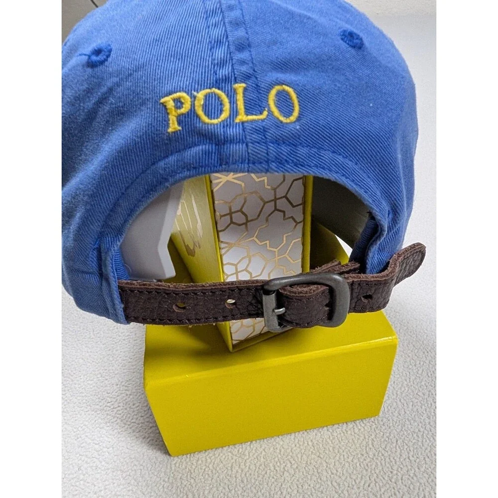 Vintage 90’s POLO Ralph Lauren Blue Yellow Pony Leather Strap Dad Hat Cap Y2K
